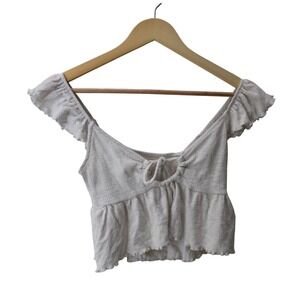 American Eagle Crop Top Women XS Oatmeal EUC Ruffle Tie Front Ribbed Boho Y2K
